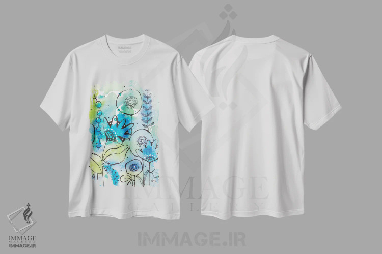 تیشرت سفید طرح دار گل های وحشی آبرنگی آبی ۲، تزئینی اثر کرینلاکس | immage.ir