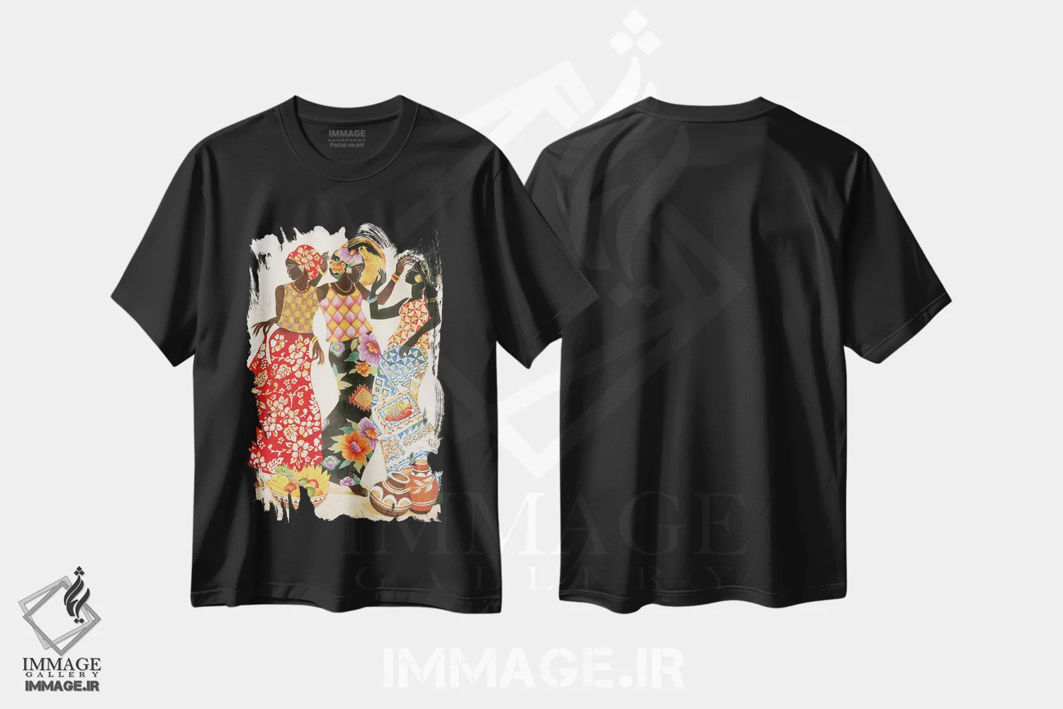تیشرت مشکی طرح دار شادی و سرور، هنر آمریکایی آفریقایی تبار اثر کیت مالِت | فروشگاه ایماژ