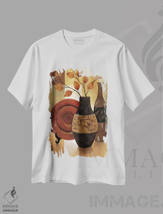 تیشرت سفید طرح دار وصله دوزی طبیعت ۱، دکور آفریقایی اثر کیت مالِت | فروشگاه ایماژ