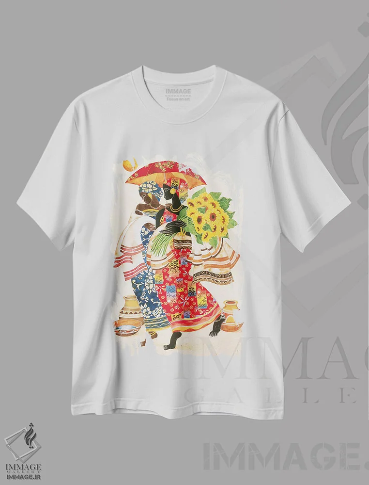 تیشرت سفید طرح دار آفتابگردان ها، هنر آمریکایی آفریقایی تبار اثر کیت مالِت | فروشگاه ایماژ