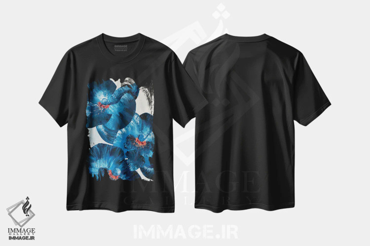 تیشرت مشکی طرح دار ارکیده های آبی، مدیوم اثر کریستینا مالن | immage.ir