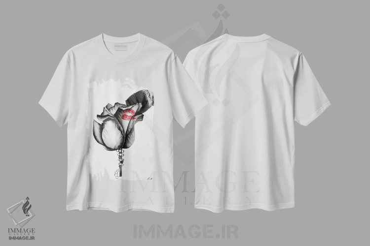 تیشرت سفید طرح دار بوسه بر گل رز سیاه در پس حجاب، مدیوم اثر کریستینا مالن | immage.ir