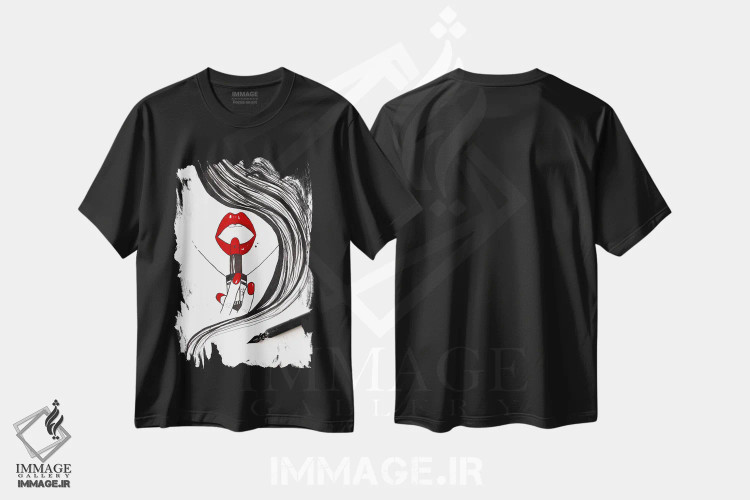 تیشرت مشکی طرح دار رژلب قرمز، مدیوم اثر کریستینا مالن | immage.ir