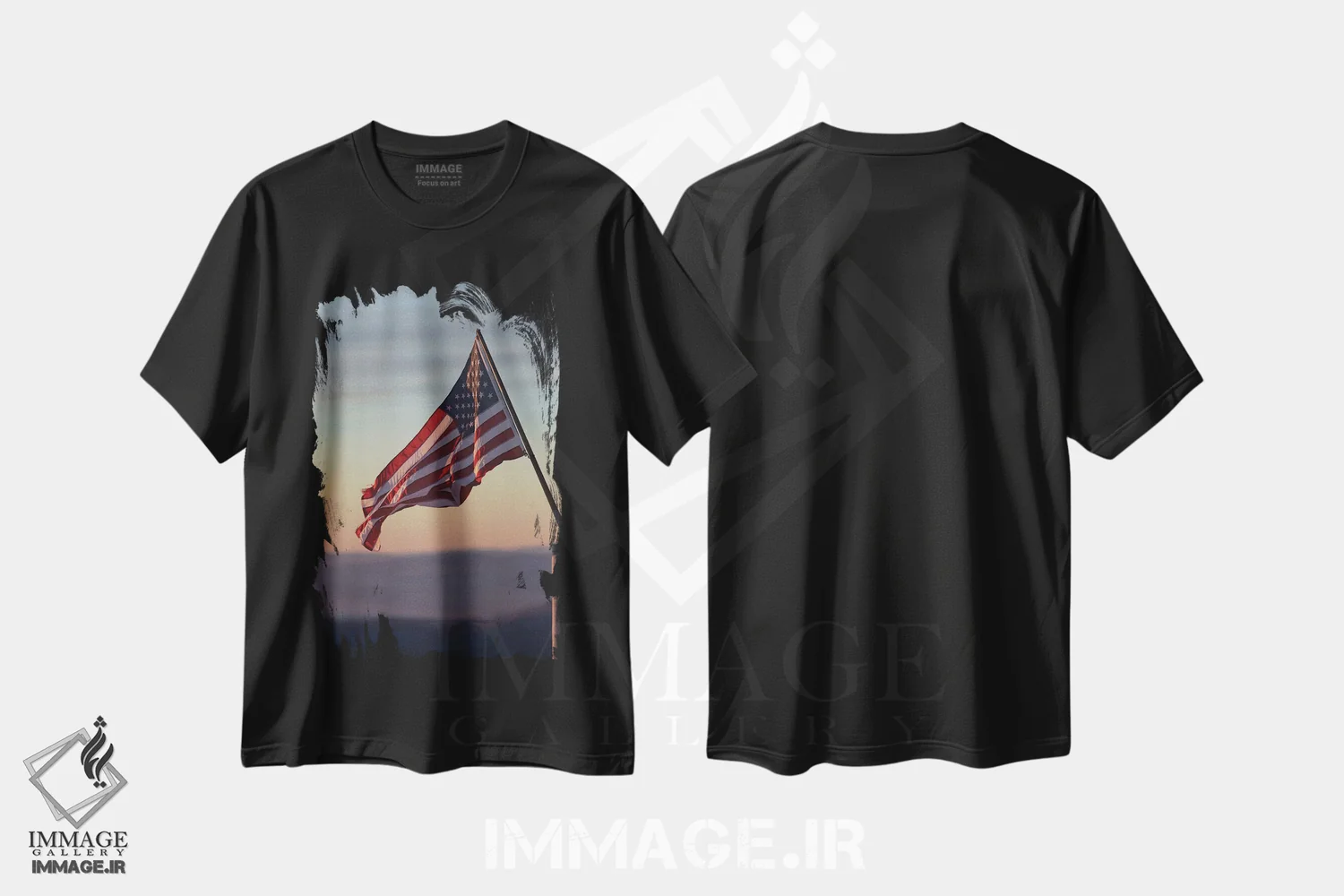 تیشرت مشکی طرح دار پرچم آمریکا در غروب آفتاب، مدیوم اثر کارن منداو | immage.ir