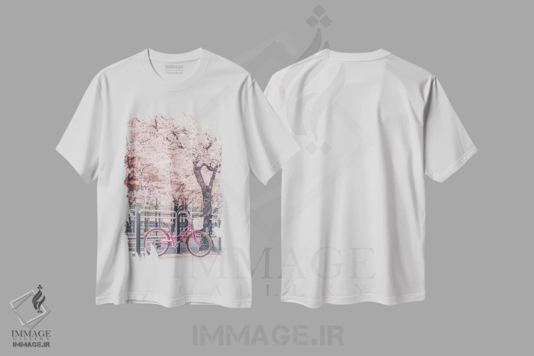 تیشرت سفید طرح دار دوچرخه صورتی زیر درختان گیلاس، مدیوم اثر کارن منداو | فروشگاه ایماژ