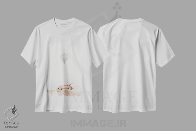 تیشرت سفید طرح دار ماشین صورتی و بالون هوای گرم، تزئینی اثر کارن منداو | immage.ir