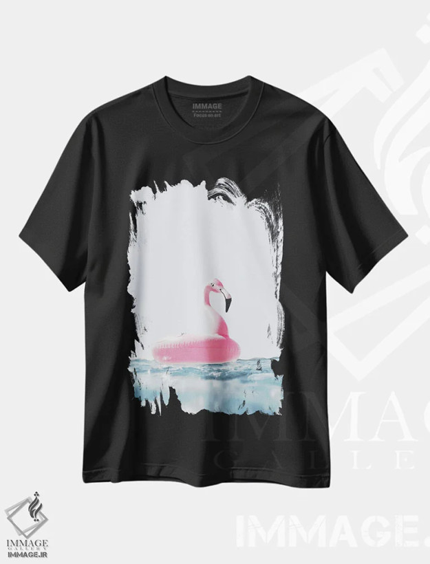 تیشرت مشکی طرح دار حلقه شنا فلامینگو صورتی، دکور ساحلی اثر کارن منداو | فروشگاه ایماژ
