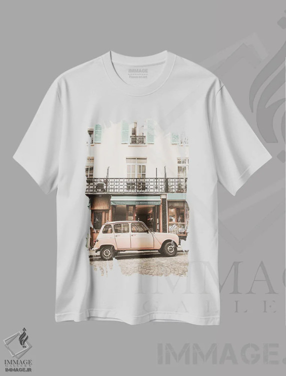 تیشرت سفید طرح دار ماشین صورتی در پاریس، مدیوم اثر کارن منداو | فروشگاه ایماژ