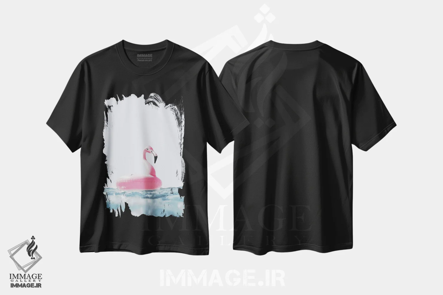تیشرت مشکی طرح دار حلقه شنا فلامینگو صورتی، دکور ساحلی اثر کارن منداو | فروشگاه ایماژ