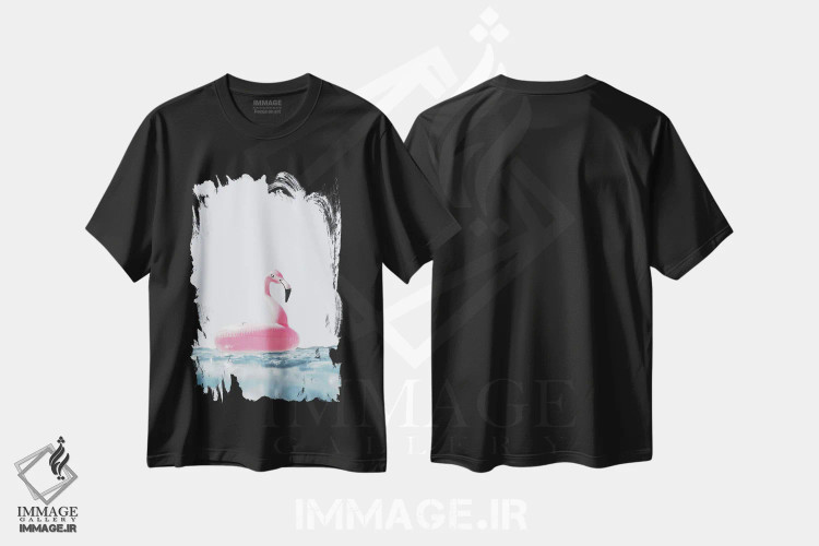 تیشرت مشکی طرح دار حلقه شنا فلامینگو صورتی، دکور ساحلی اثر کارن منداو | فروشگاه ایماژ