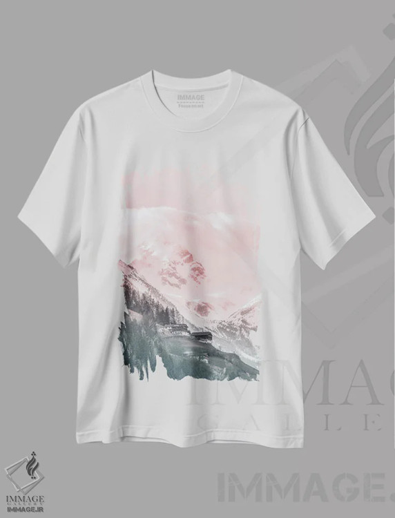 تیشرت سفید طرح دار چشم انداز کوهستانی صورتی، مدیوم اثر کارن منداو | فروشگاه ایماژ