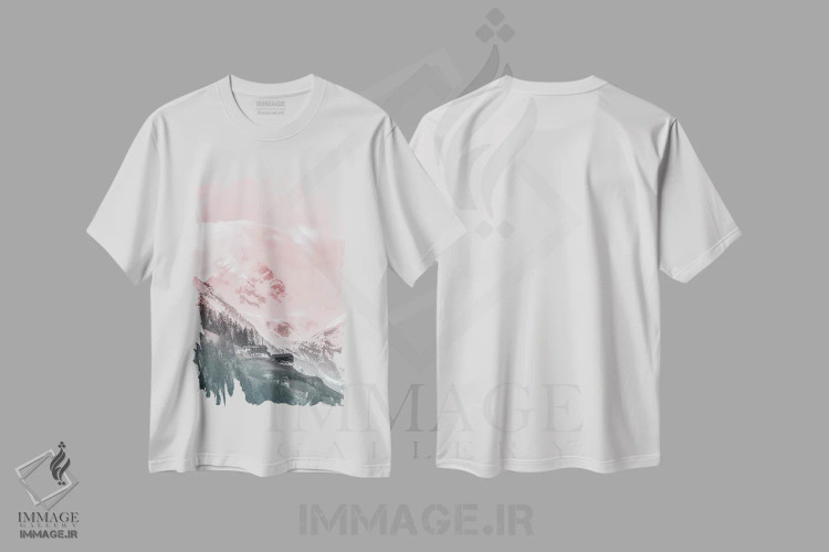 تیشرت سفید طرح دار چشم انداز کوهستانی صورتی، مدیوم اثر کارن منداو | فروشگاه ایماژ