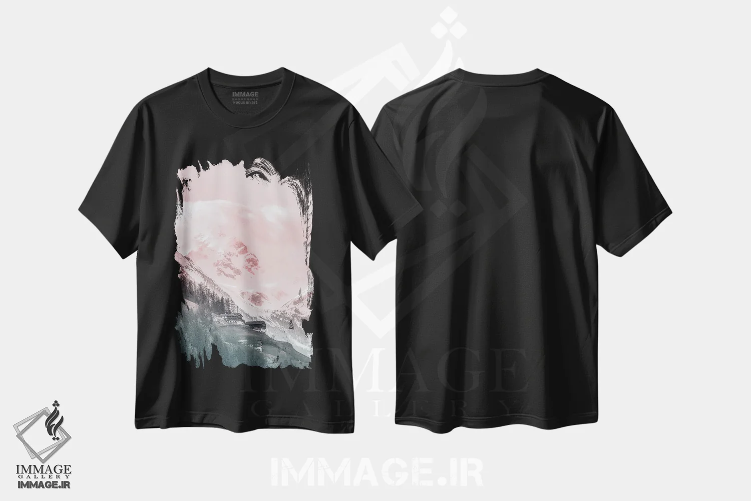 تیشرت مشکی طرح دار چشم انداز کوهستانی صورتی، مدیوم اثر کارن منداو | immage.ir