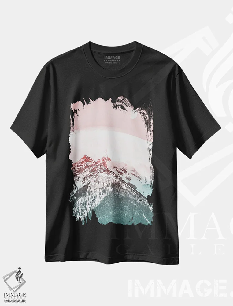 تیشرت مشکی طرح دار کوه های صورتی و ماه، مدیوم اثر کارن منداو | فروشگاه ایماژ