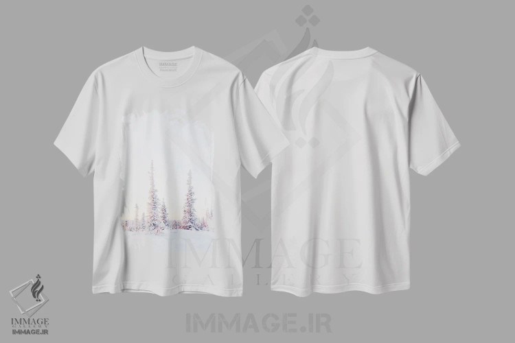 تیشرت سفید طرح دار درختان کاج صورتی، مدیوم اثر کارن منداو | فروشگاه ایماژ