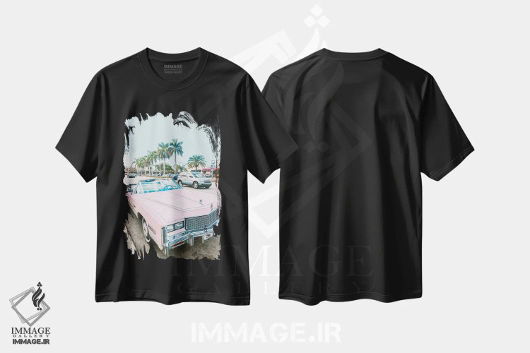 تیشرت مشکی طرح دار ماشین رترو صورتی در لس آنجلس، باربیکور اثر کارن منداو | فروشگاه ایماژ