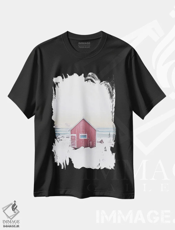 تیشرت مشکی طرح دار کلبه اسکاندیناویایی صورتی، مدیوم اثر کارن منداو | immage.ir