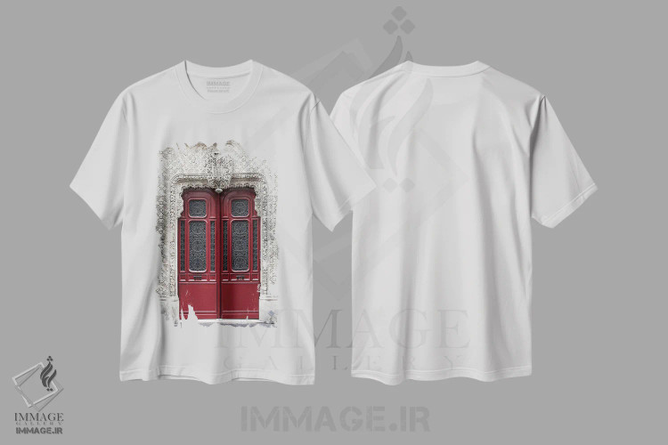 تیشرت سفید طرح دار درِ قرمز پاریسی، مدیوم اثر کارن منداو | فروشگاه ایماژ