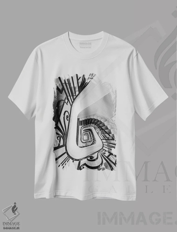 تیشرت سفید طرح دار راه پله سیاه و سفید، مدیوم اثر کارن منداو | فروشگاه ایماژ