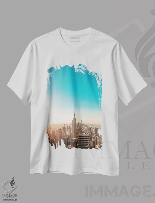 تیشرت سفید طرح دار افق آفتابی شهر نیویورک، مدیوم اثر کارن منداو | فروشگاه ایماژ