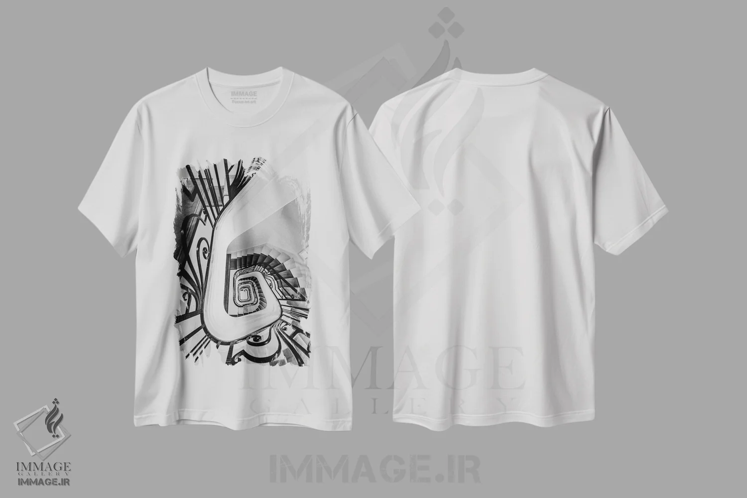تیشرت سفید طرح دار راه پله سیاه و سفید، مدیوم اثر کارن منداو | فروشگاه ایماژ