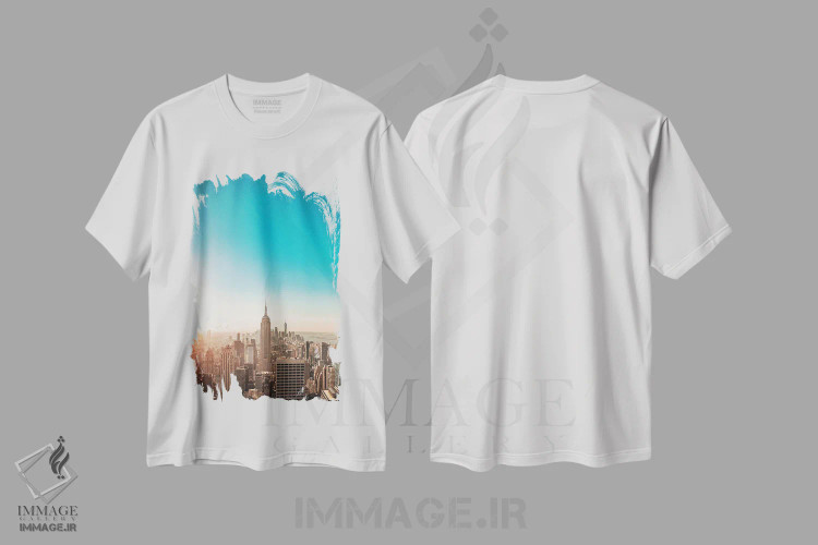 تیشرت سفید طرح دار افق آفتابی شهر نیویورک، مدیوم اثر کارن منداو | فروشگاه ایماژ