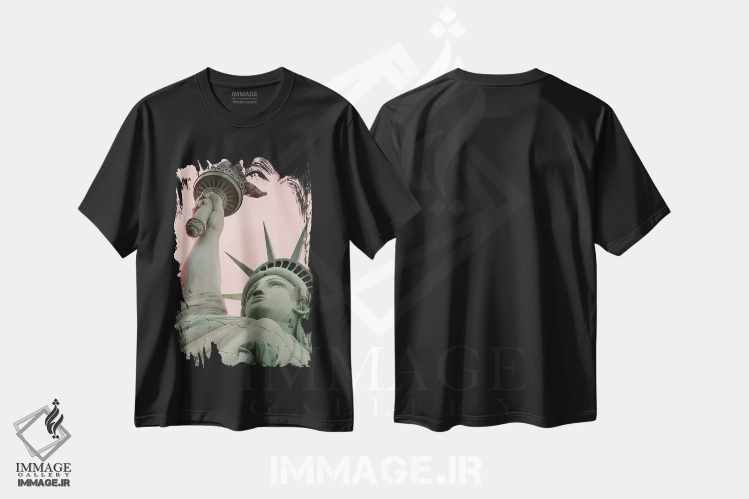 تیشرت مشکی طرح دار تندیس آزادی با آسمان صورتی، مدیوم اثر کارن منداو | فروشگاه ایماژ