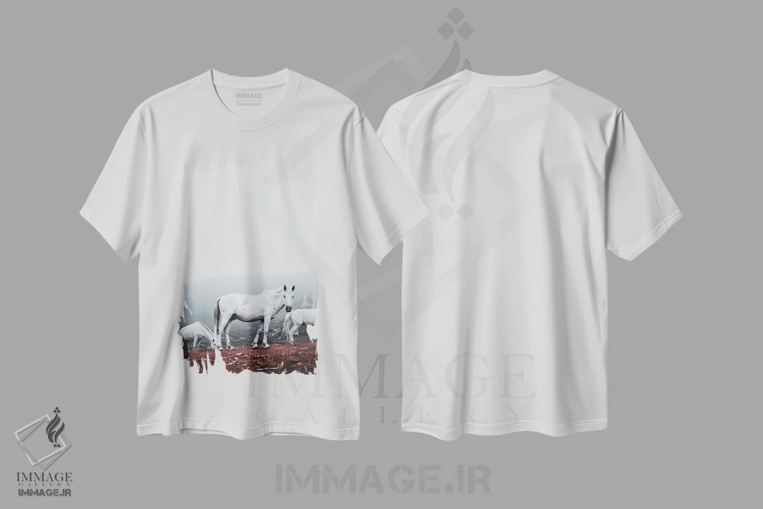 تیشرت سفید طرح دار اسب های سفید وحشی، مدیوم اثر کارن منداو | فروشگاه ایماژ