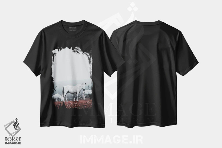 تیشرت مشکی طرح دار اسب های سفید وحشی، مدیوم اثر کارن منداو | immage.ir