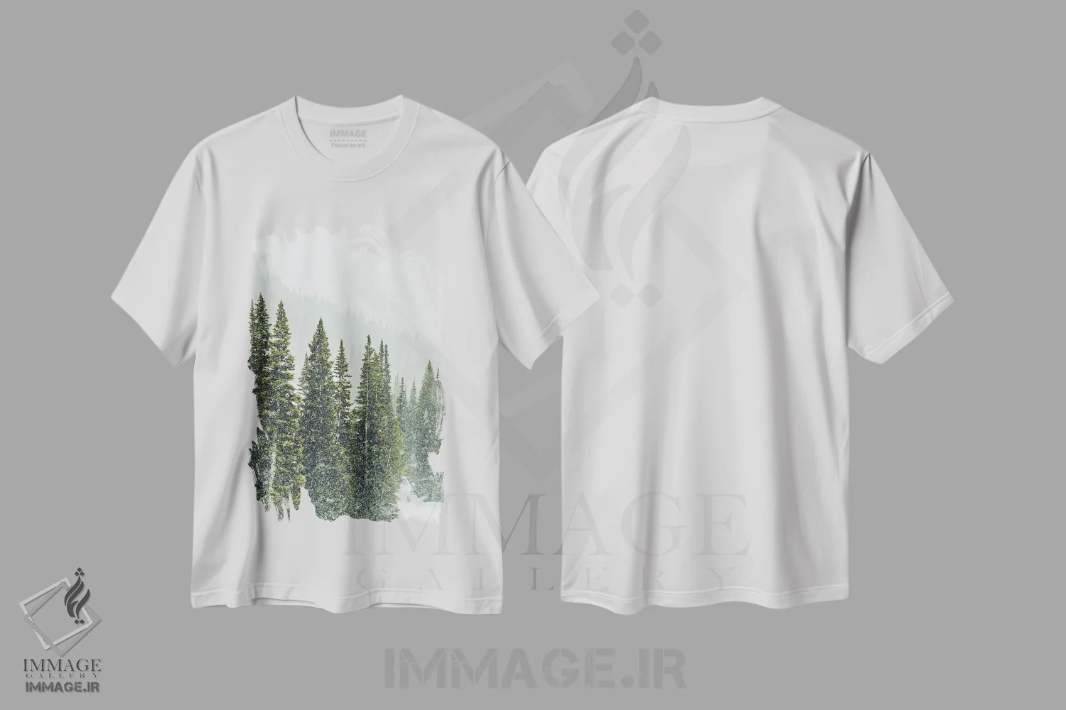 تیشرت سفید طرح دار پانورامای جنگل زمستانی I، دکور تعطیلات اثر کارن منداو | فروشگاه ایماژ
