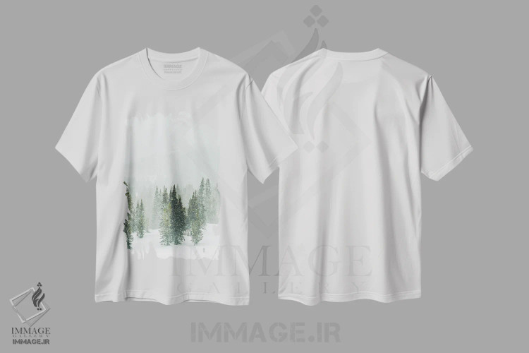 تیشرت سفید طرح دار پانورامای جنگل زمستانی II، دکور تعطیلات اثر کارن منداو | immage.ir