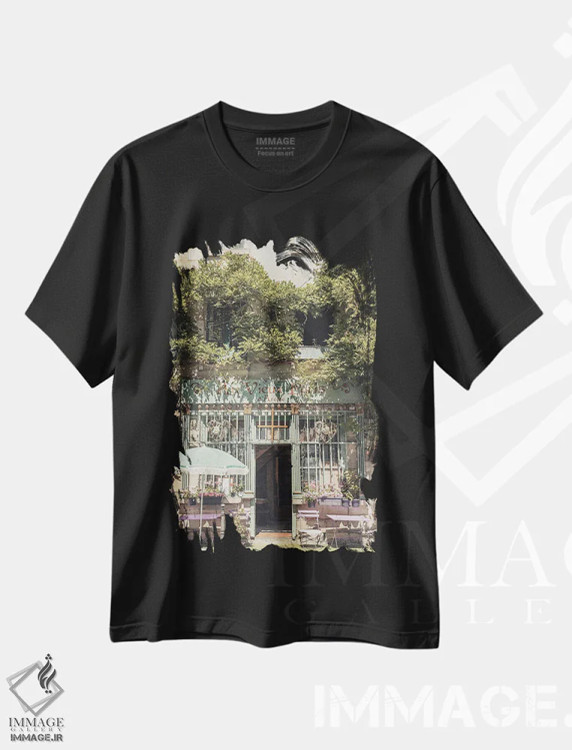 تیشرت مشکی طرح دار او ویو پاریس دارکول، قدیمی ترین رستوران پاریس، مدیوم اثر کارن منداو | فروشگاه ایماژ