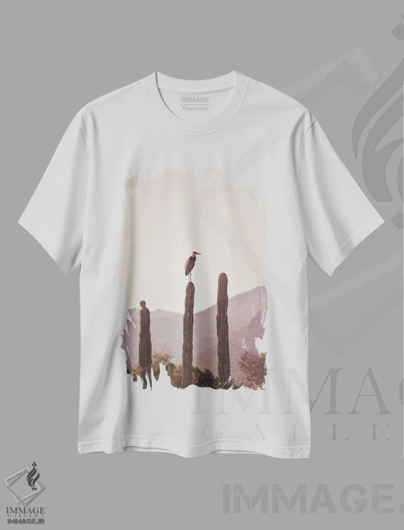 تیشرت سفید طرح دار پرنده نشسته روی کاکتوس، مدیوم اثر کارن منداو | فروشگاه ایماژ