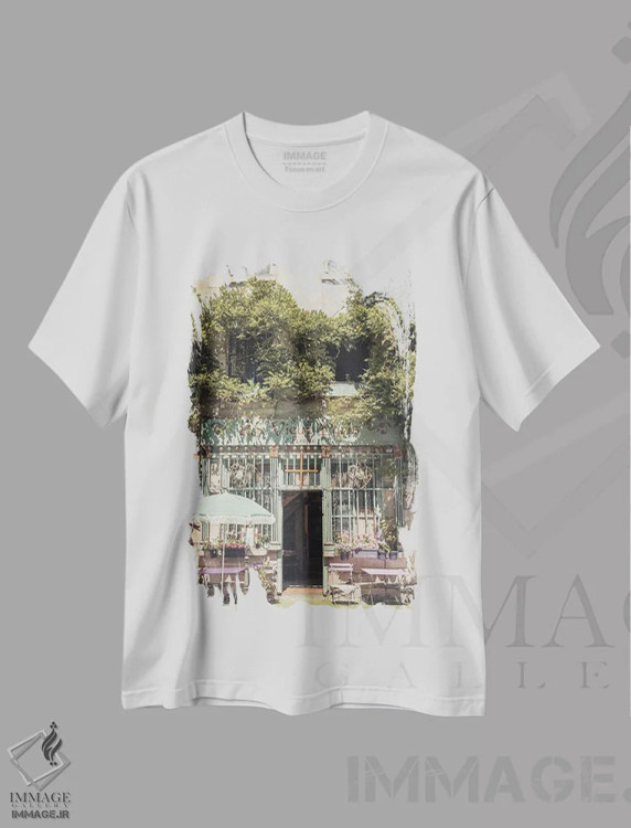 تیشرت سفید طرح دار او ویو پاریس دارکول، قدیمی ترین رستوران پاریس، مدیوم اثر کارن منداو | immage.ir