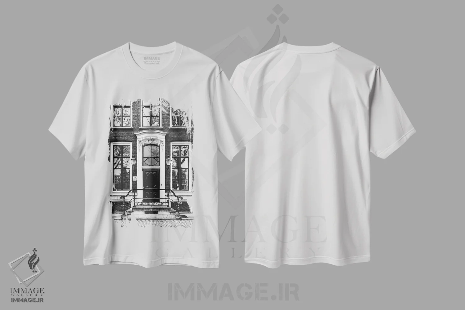 تیشرت سفید طرح دار درب آمستردام، عکاسی سیاه و سفید اثر کارن منداو | فروشگاه ایماژ