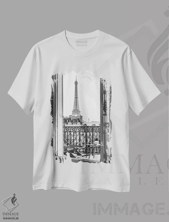 تیشرت سفید طرح دار نمای برج ایفل از بالکن پاریس، عکاسی سیاه و سفید اثر کارن منداو | فروشگاه ایماژ
