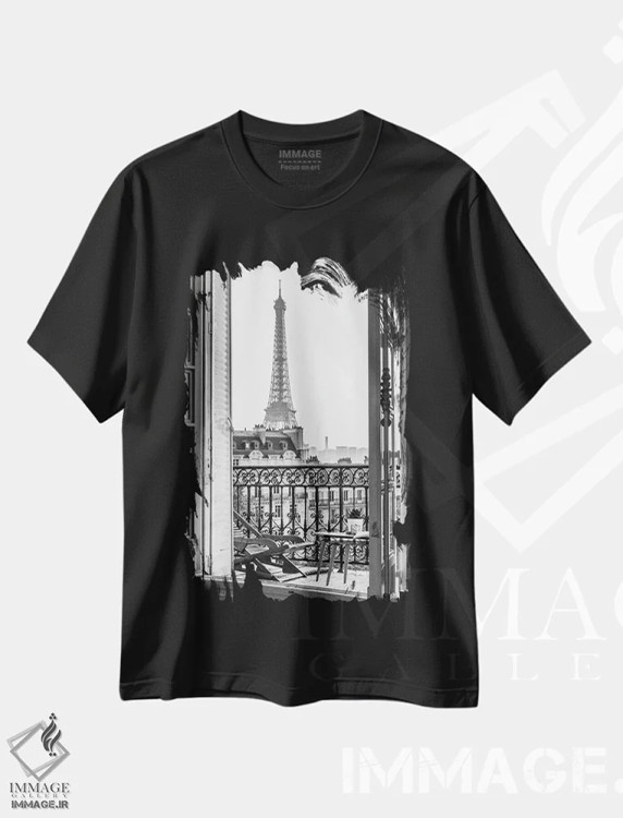 تیشرت مشکی طرح دار نمای برج ایفل از بالکن پاریس، عکاسی سیاه و سفید اثر کارن منداو | immage.ir