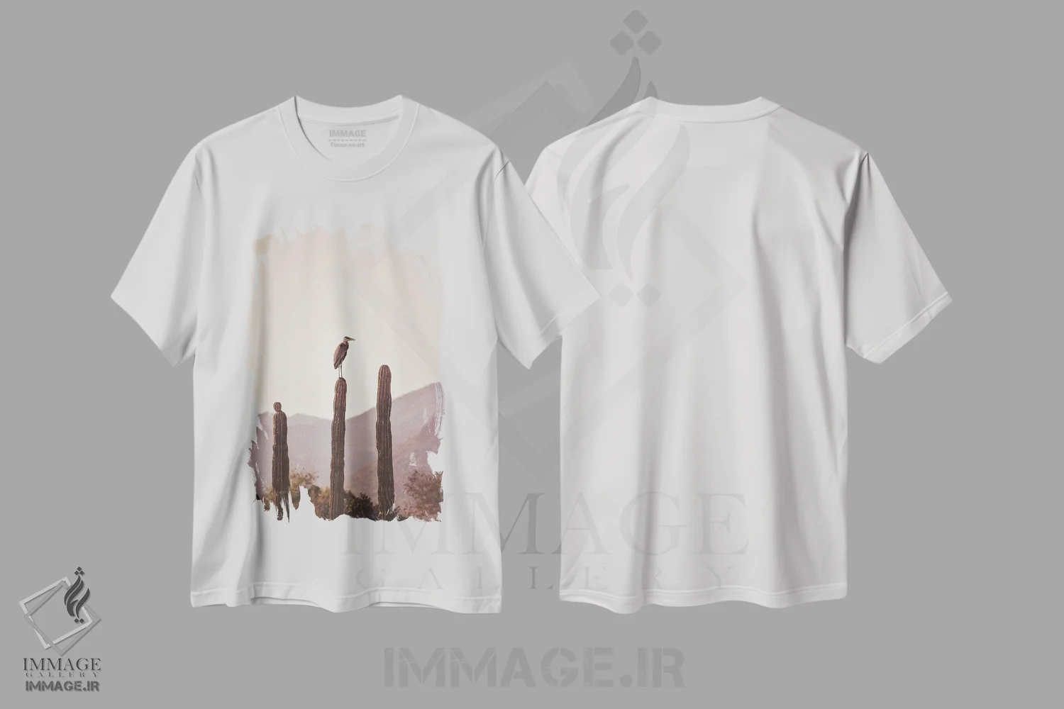 تیشرت سفید طرح دار پرنده نشسته روی کاکتوس، مدیوم اثر کارن منداو | فروشگاه ایماژ