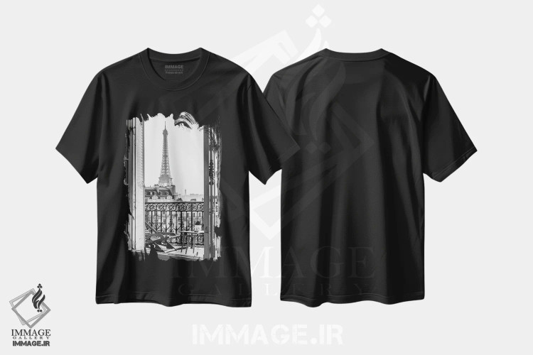 تیشرت مشکی طرح دار نمای برج ایفل از بالکن پاریس، عکاسی سیاه و سفید اثر کارن منداو | immage.ir