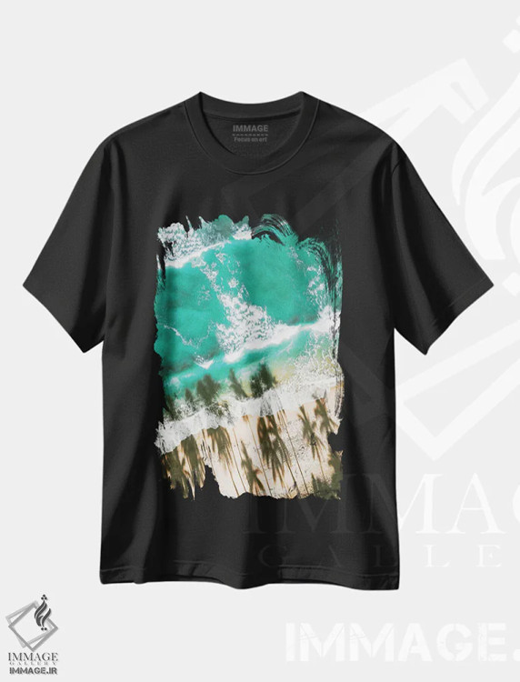 تیشرت مشکی طرح دار ساحل هوایی با سایه نخل ها، سواحل از نمای بالا اثر کارن منداو | immage.ir