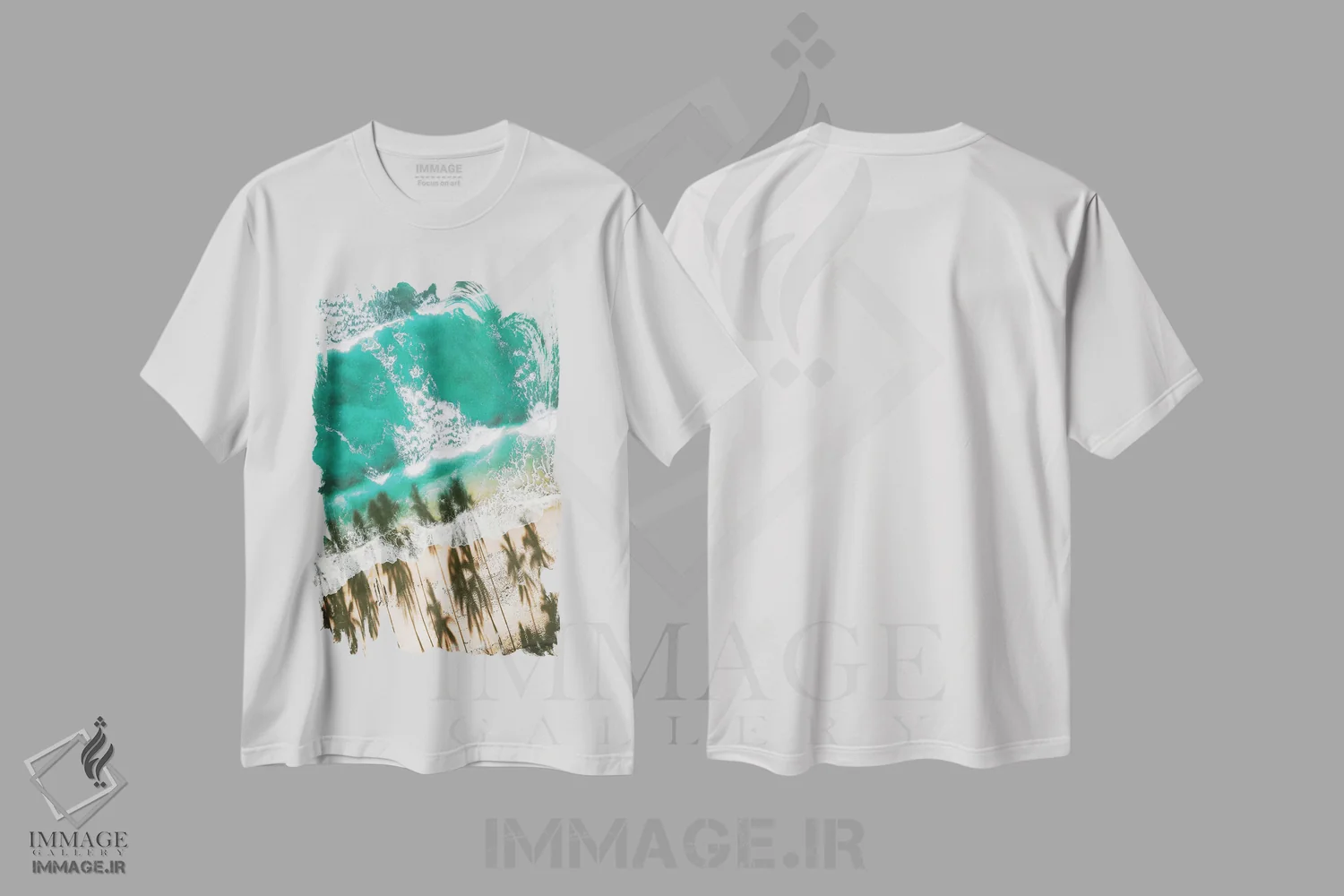 تیشرت سفید طرح دار ساحل هوایی با سایه نخل ها، سواحل از نمای بالا اثر کارن منداو | فروشگاه ایماژ