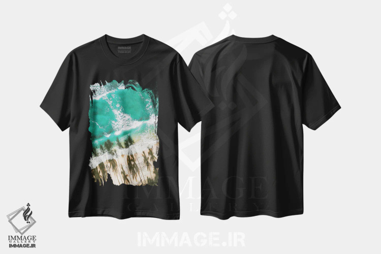 تیشرت مشکی طرح دار ساحل هوایی با سایه نخل ها، سواحل از نمای بالا اثر کارن منداو | immage.ir