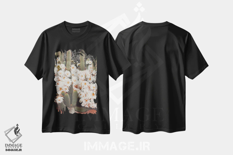 تیشرت مشکی طرح دار کاکتوس های شکوفا، عکاسی ماکرو اثر کارن منداو | فروشگاه ایماژ