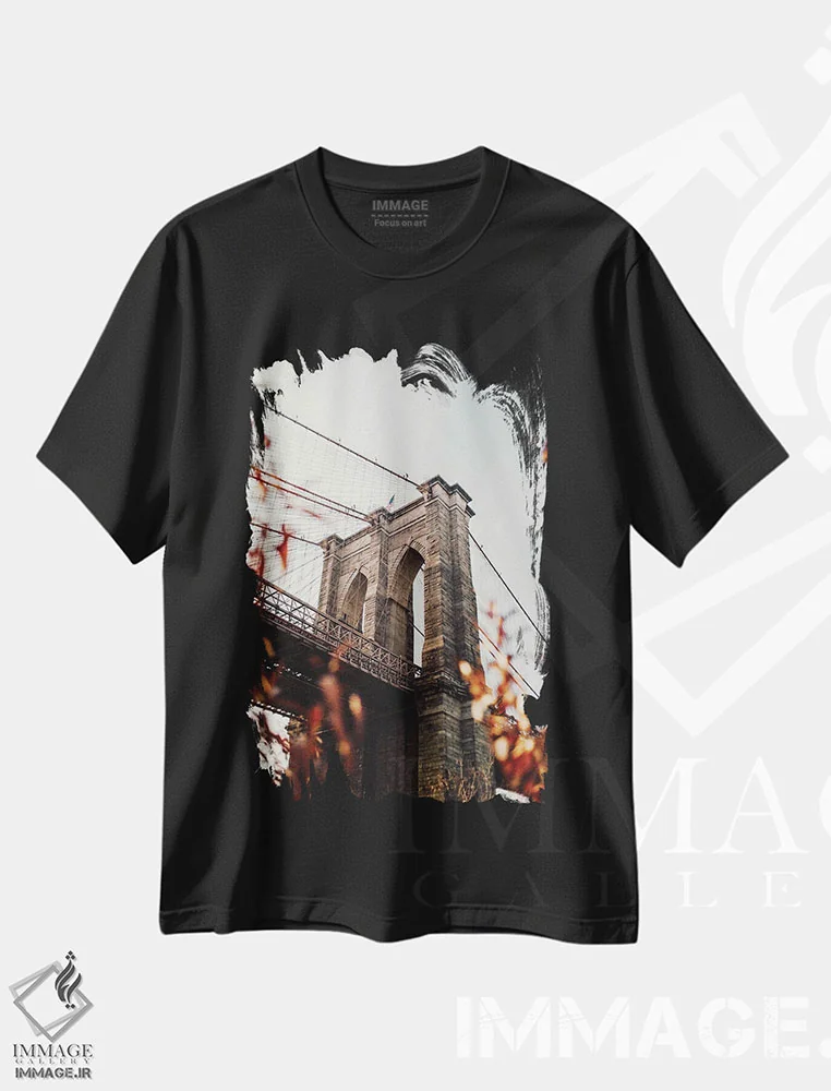 تیشرت مشکی طرح دار پل بروکلین با برگ ها، مدیوم اثر کارن منداو | immage.ir