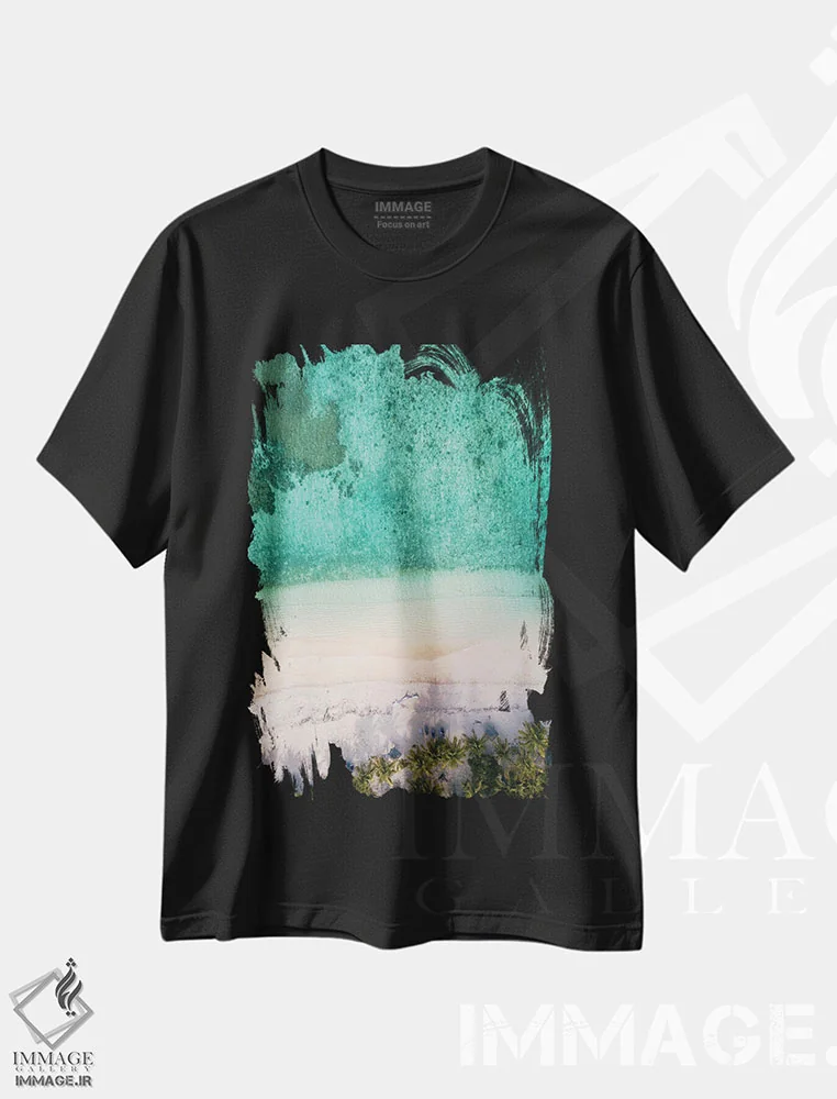 تیشرت مشکی طرح دار ساحل هوایی با نخل ها، سواحل از نمای بالا اثر کارن منداو | فروشگاه ایماژ