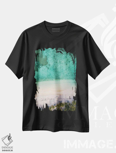 تیشرت مشکی طرح دار ساحل هوایی با نخل ها، سواحل از نمای بالا اثر کارن منداو | فروشگاه ایماژ