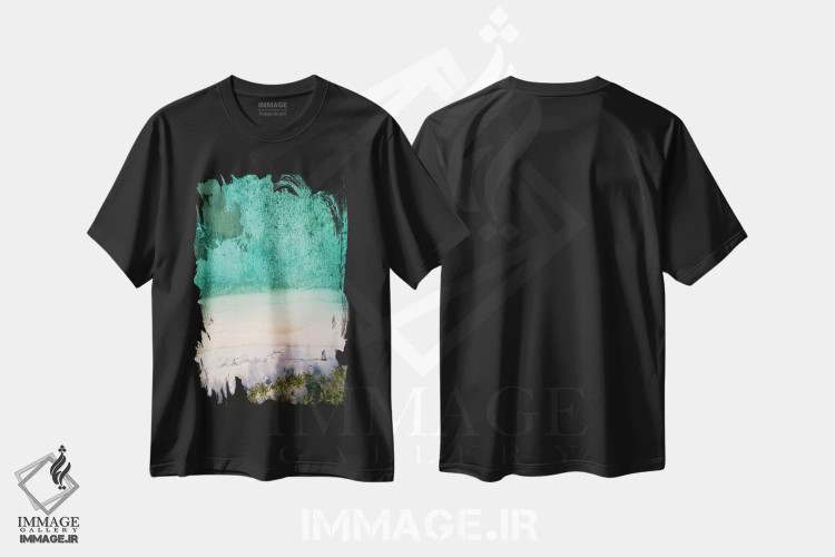 تیشرت مشکی طرح دار ساحل هوایی با نخل ها، سواحل از نمای بالا اثر کارن منداو | فروشگاه ایماژ