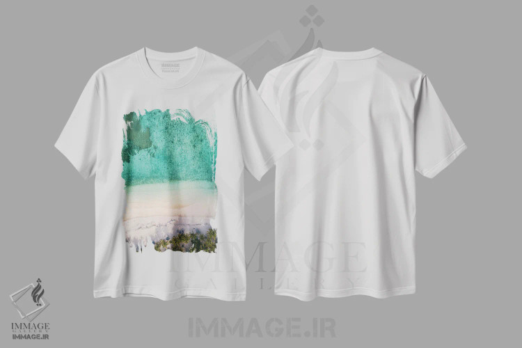 تیشرت سفید طرح دار ساحل هوایی با نخل ها، سواحل از نمای بالا اثر کارن منداو | immage.ir