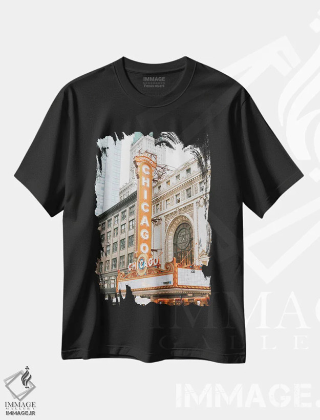تیشرت مشکی طرح دار تئاتر شیکاگو، مدیوم اثر کارن منداو | فروشگاه ایماژ