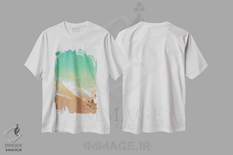 تیشرت سفید طرح دار ساحل هوایی با موج سواران، سواحل از نمای بالا اثر کارن منداو | فروشگاه ایماژ